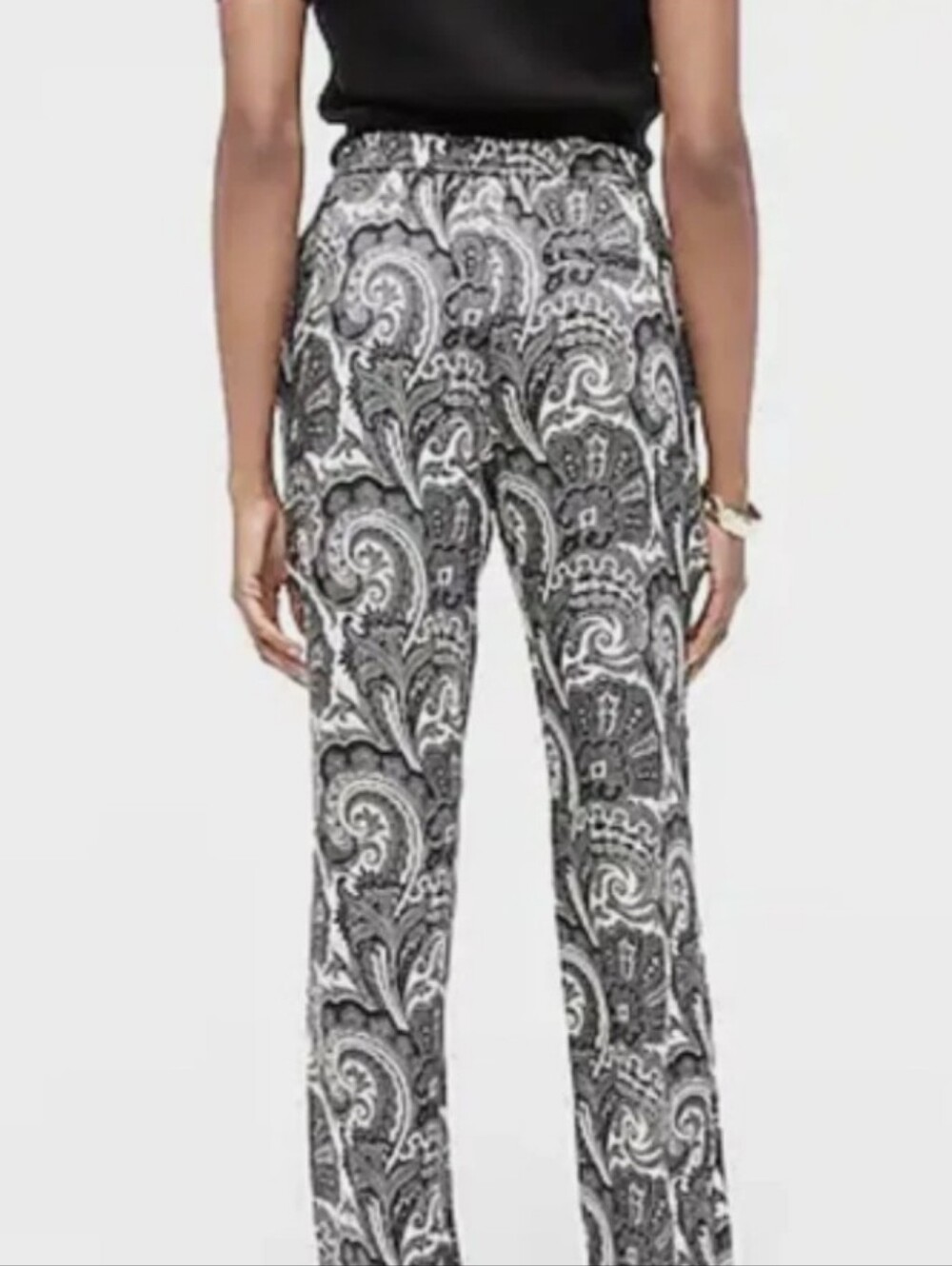 J. Crew Black & Cream Paisley Straight-Leg Pull-On Pants - Size 4 Tall - Picture 3 of 11